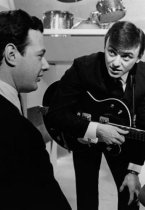 Brian Epstein with Gerry Marsden at the Thank Your Lucky Stars Merseybeat special at Alpha Television Studios, Aston, Birmingham
